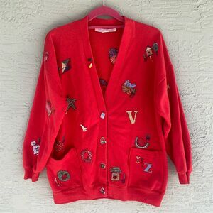 Vintage Golden Ticket Women's M Red Crochet Cardigan Sweater Alphabet Theme
